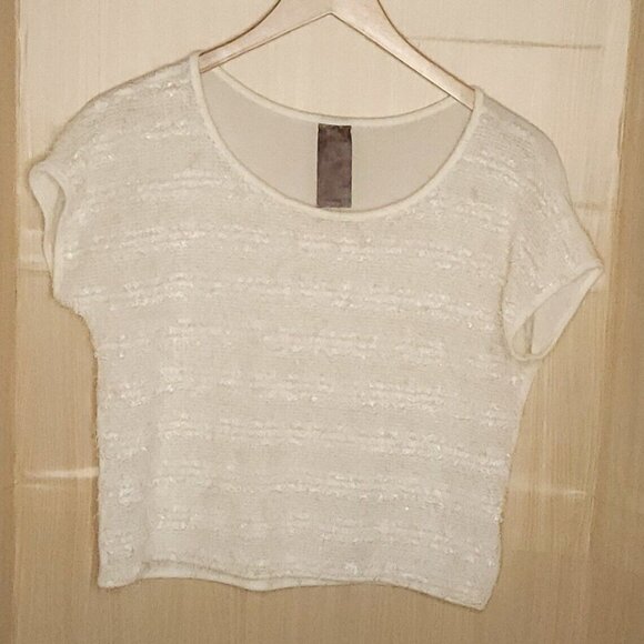 Wallpapher Womens Cropped Cream Short Sleeve Eyelash Sweater Medium - Picture 1 of 6